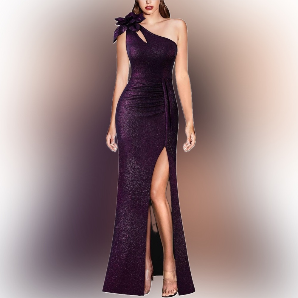 Womens 3D Flower One Shoulder Ruched Prom Formal Wedding Guest Maxi Dress